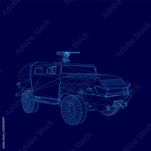 Blue car with a gun on top of it. The car is a military vehicle. The blue color of the car gives a sense of strength and power