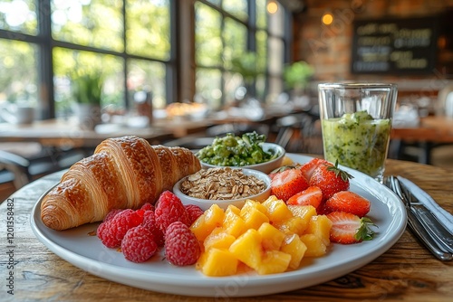 A table is set with breakfast fare which consists of pastries, cereal, fruit, juice, and coffee photo