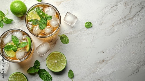 A mojito cocktail at an alcohol bar, a long drink following traditional Cuban recipes, is presented as a fresh tropical beverage. Shown in a top view, it is a copy space featuring two highball photo