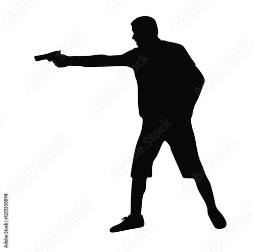 Man with gun shooting in target vector illustration. Hunter with pistol shooting in shot. Public crime scene, gunfight battle. Policeman practice with target. Bank robbery situation.

