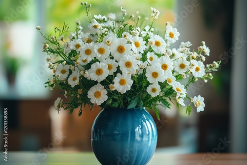 Beautiful bouquet of white flowers in a blue vase on a table in a bright indo...