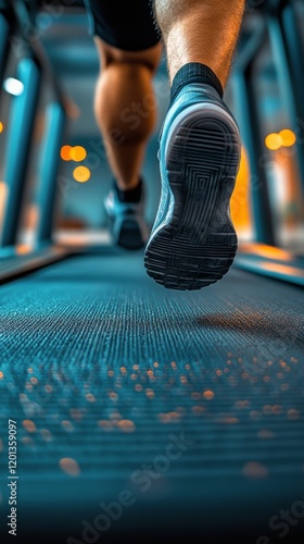 Close up of running feet on a treadmill in a modern gym during evening workou...