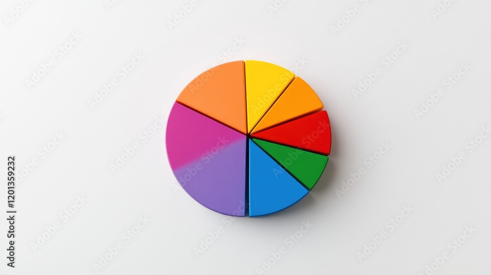 Fototapeta premium Circular pie chart in vibrant colors on a clean, white background, with individual segments highlighted to show data distribution