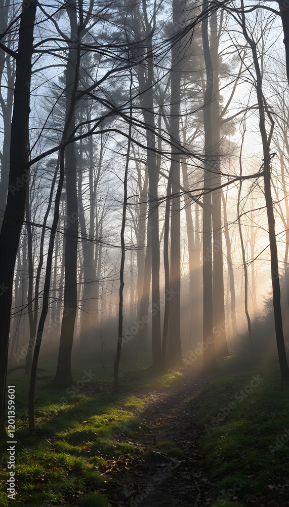 Obraz premium morning at the spring glade in the forest, dramatic atmosphere, with white tones