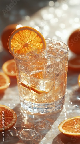 Refreshing citrus drink with ice cubes and orange slices on a sunlit table