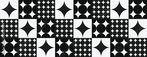 Geometric black and white background with repeating star and circle patterns. Black and white background with a bold, modern texture. Minimal retro geometric star pattern vector background