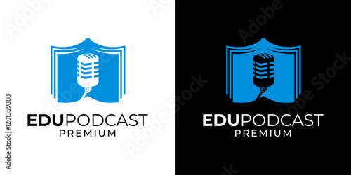 Podcast book logo design icon vector template. Podcast education with microphone symbol logo design. Voice musician logo with book, microphone, graduation hat illustration vector graphic.