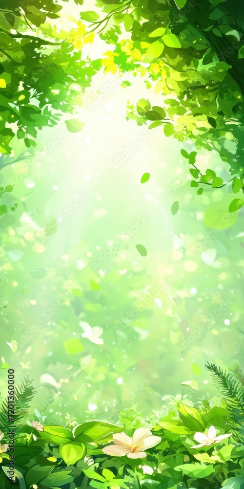 Sunlit forest glade nature scene vibrant green leaves tranquil environment fresh perspective natural beauty