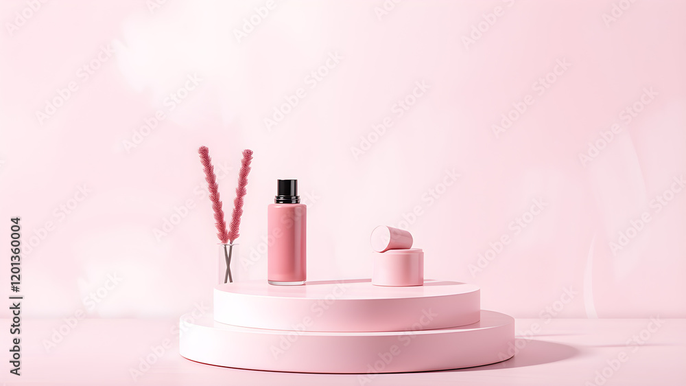 cylindrical stand podium for displaying cosmetics and product on abstract background in pink pastel colors. Generative AI cylindrical stand podium for displaying cosmetics and product on abstract background in pink pastel colors. Generative AI