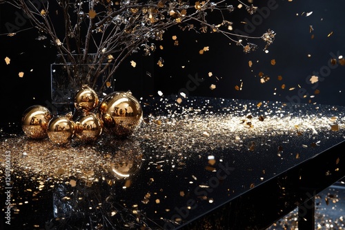 Elegant golden festive table setting with decorative elements and sparkling d...
