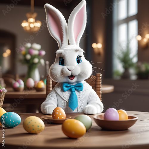 A happy Easter white rabbit is sitting at a table with colorful eggs. An Easter card.