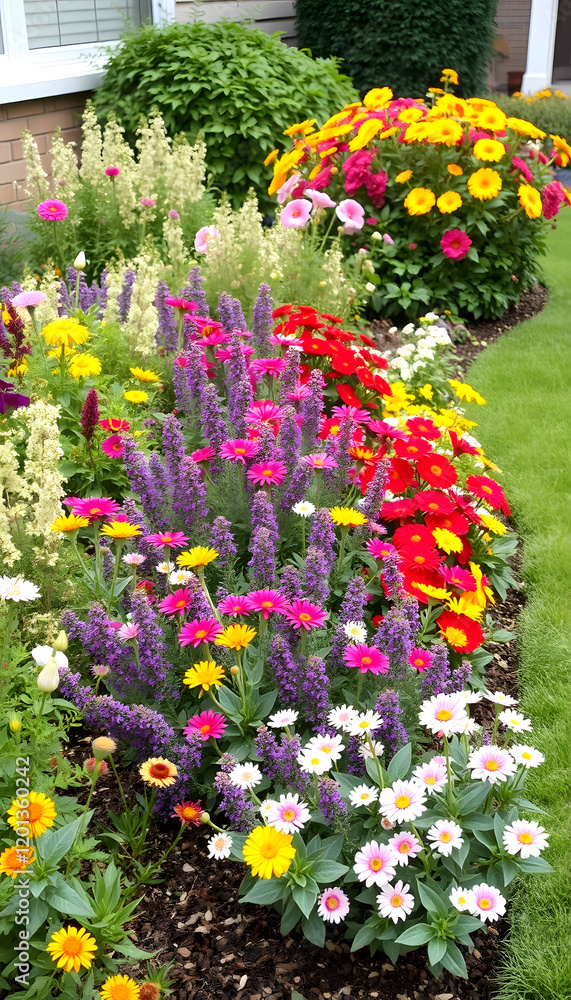 Fototapeta premium Colourful flower and shrub border in a home garden, flat design, with white tones