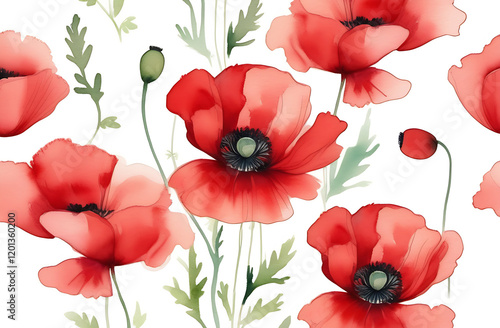 Beautiful red poppies on a white background, vintage watercolor drawing.