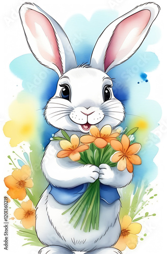 Happy Easter white rabbit on the lawn with spring flowers. An Easter card.