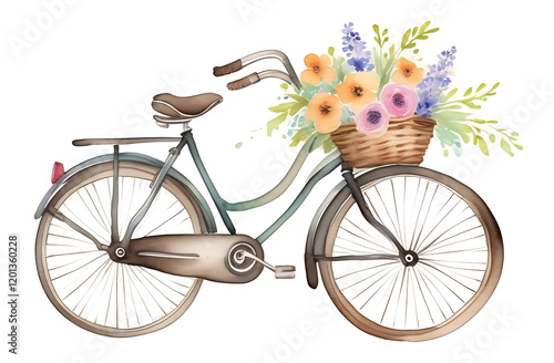 Vintage bike with spring flowers in the front basket on a white background.