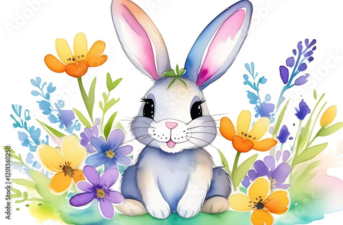 Happy Easter white rabbit on the lawn with spring flowers. An Easter card.