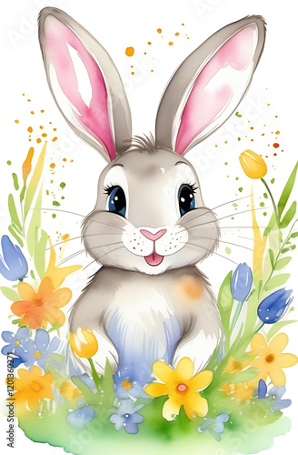Happy Easter white rabbit on the lawn with spring flowers. An Easter card.