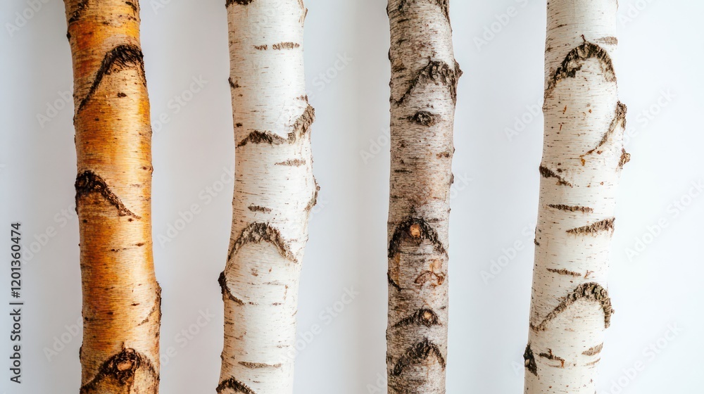 Naklejka premium Birch Tree Trunks Displayed on Solid White Background Generative AI