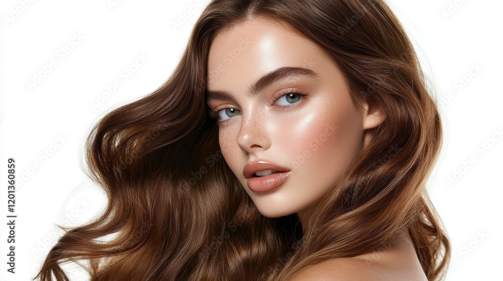Fototapeta premium Beautiful model girl with Brown hair strand,silky healthy chestnut wavy hair strand,hair wavy ribbon, with smooth,Keratin straightening,Treatment,straight long hair,procedures,Smooth hairstyle.
