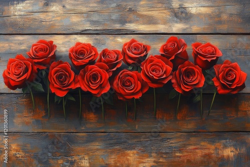 Red roses arranged on a wooden slab for a romantic occasion or decoration