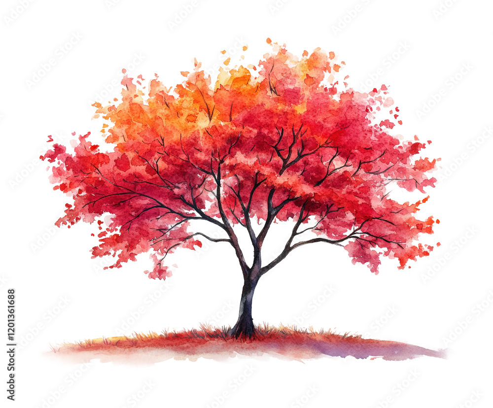 Vibrant red autumn tree watercolor nature scene high fidelity artistic view isolated on transparent background png Vibrant red autumn tree watercolor nature scene high fidelity artistic view isolated on transparent background png