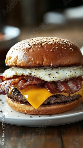 Mouthwatering burger with egg, bacon, and cheese on a toasted bun served in a...