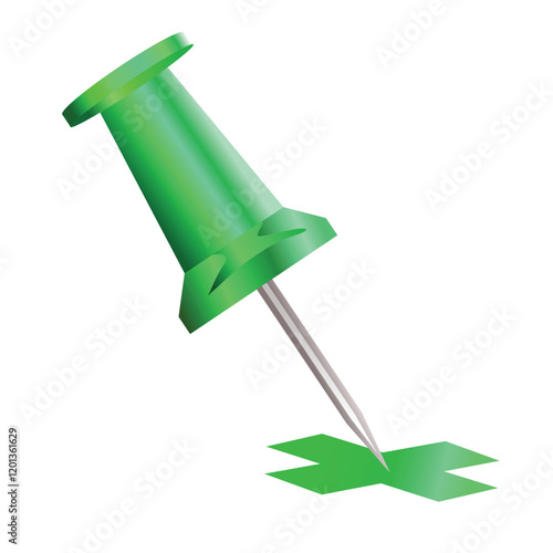 Realistic green thumbtack pin isolated on white background. Vector illustration ready to use for your design