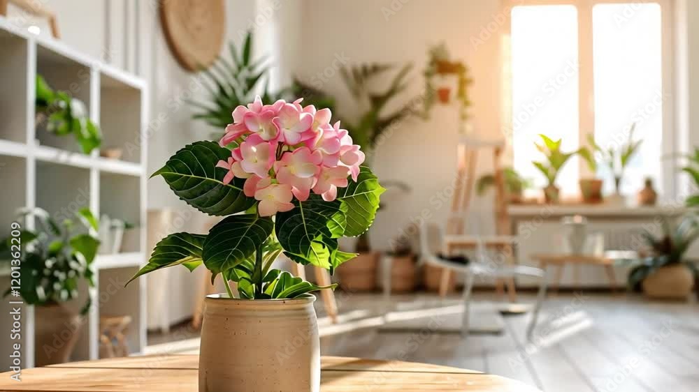 Pink hydrangea in a beige pot on a wooden table in a sunlit room with blurred background of plants and furniture. Pink hydrangea in a beige pot on a wooden table in a sunlit room with blurred background of plants and furniture.