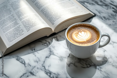 Warm cup of coffee beside an open book on a marble table in bright sunlight