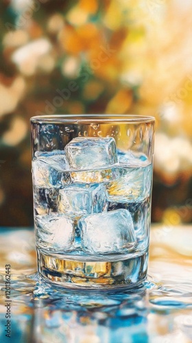 Refreshing glass of sparkling water with ice in a cozy setting during the eve...