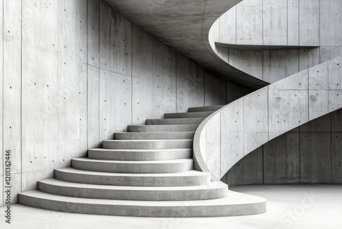 Unique spiral staircase design with circular window by a concrete wall surrou...