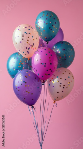 Colorful balloons with confetti on pink background for celebration or party d...
