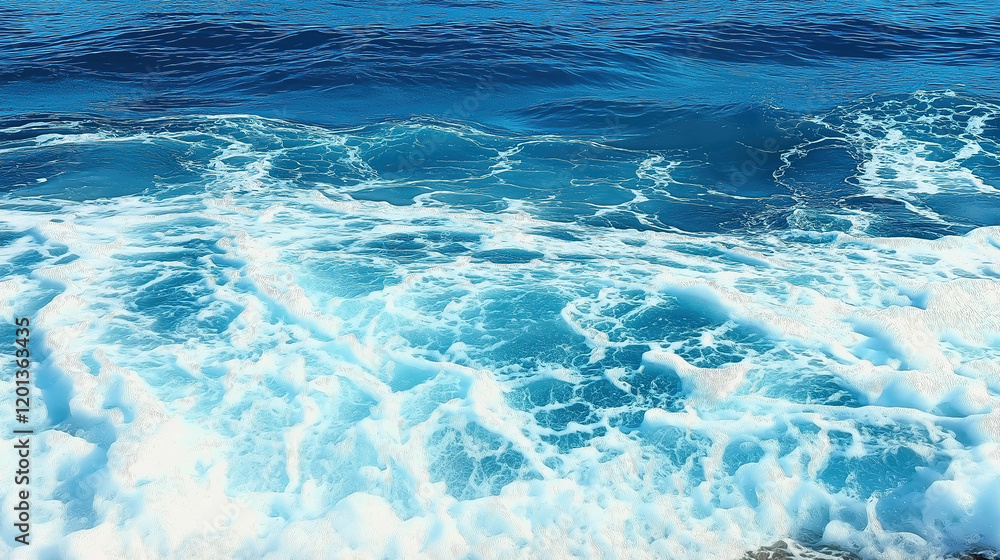 Fototapeta premium Pure blue turquoise water texture of the ocean sea with foam from and waves