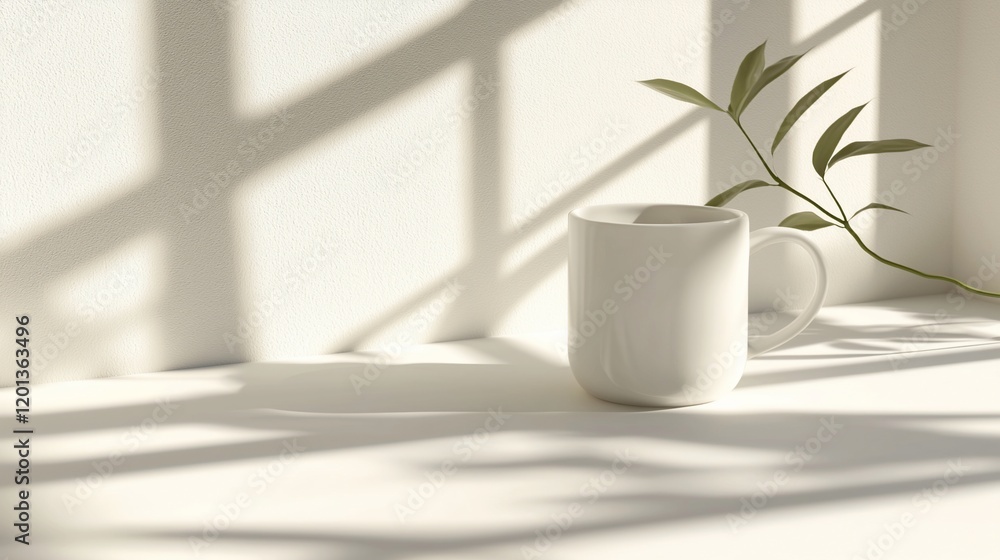 Obraz premium White mug, green leaves, sunlight shadows on white surface.
