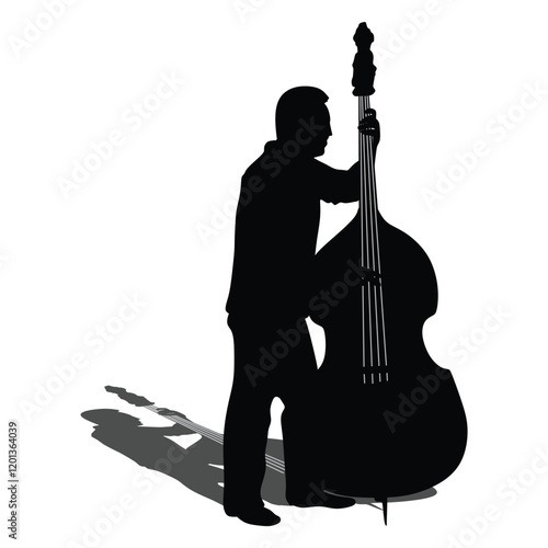 Man playing contrabass vector silhouette illustration isolated. Music man with contra bass standing on concert event stage. Double bass performer