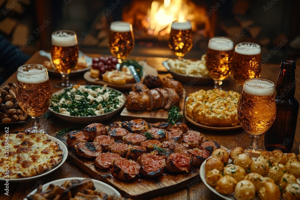 A warm and inviting outdoor dinner, with a wood table adorned with tasty meals and beverages, and a cozy fireplace casting a gentle light A warm and inviting outdoor dinner, with a wood table adorned with tasty meals and beverages, and a cozy fireplace casting a gentle light