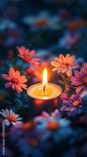 Candle glowing softly amidst blooming flowers in a serene garden at dusk