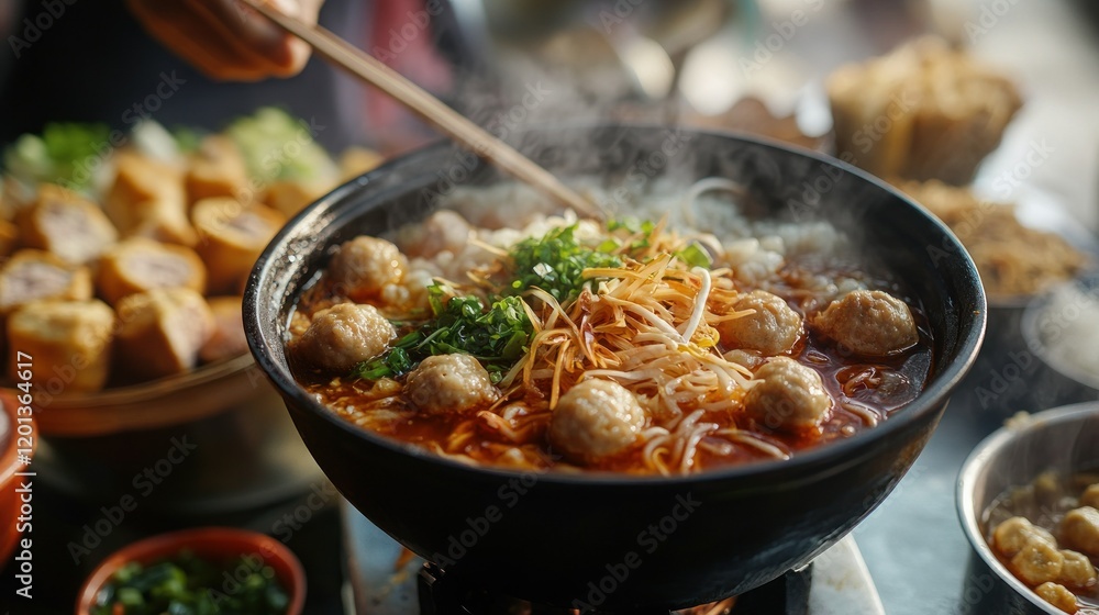 A vendor preparing a bowl of hot and spicy meatball soup A vendor preparing a bowl of hot and spicy meatball soup