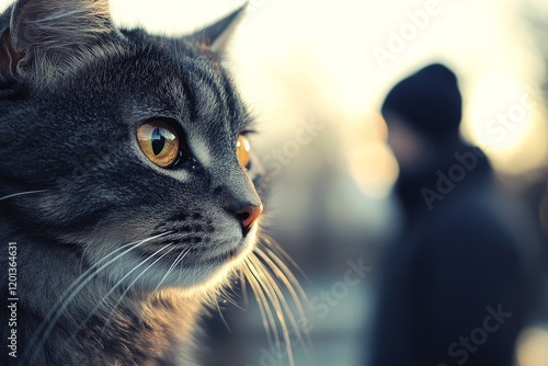 Close-up of a tabby cat with striking eyes in a soft outdoor light with a blu...