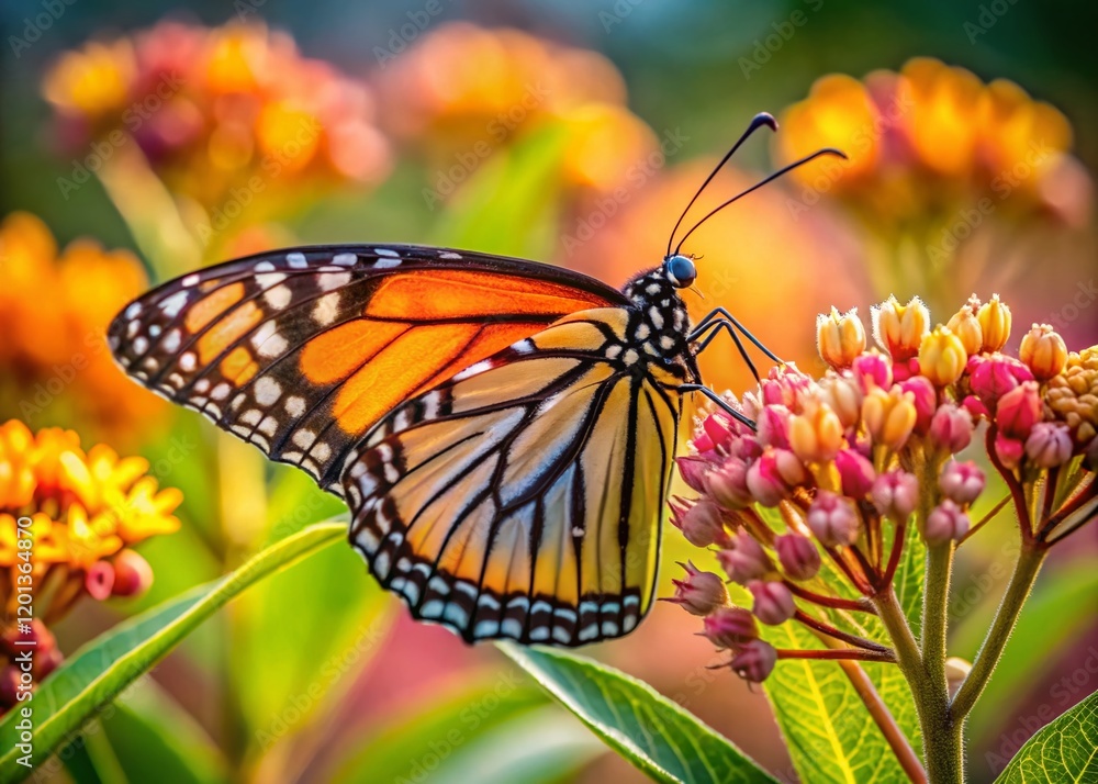 Naklejka premium Monarch Butterfly on Milkweed Flower - Close Up Documentary Style Photograph