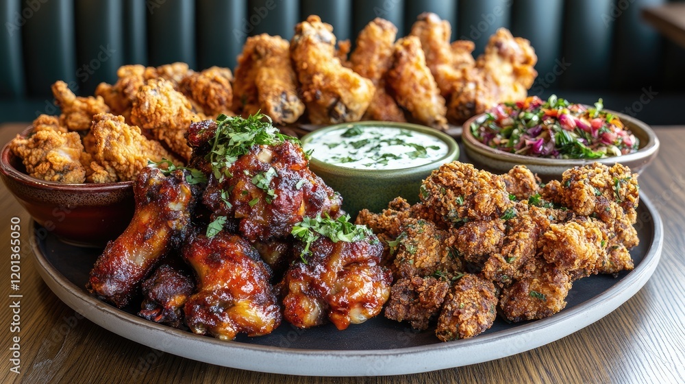 Fried chicken wings and drumettes arranged neatly on a round plate with crispy crumbs and herbs on the side Fried chicken wings and drumettes arranged neatly on a round plate with crispy crumbs and herbs on the side