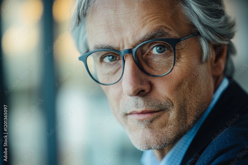 Thoughtful businessman scrutinising the camera, Generative AI