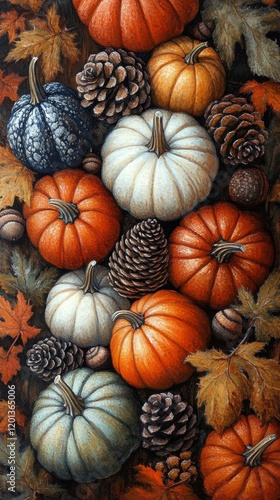 Vibrant autumn decorations featuring pumpkins, pinecones, and colorful leaves