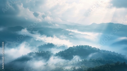 Foggy mountain landscape with layered trees and soft blue tones, creating a serene and peaceful atmosphere, ideal for nature, travel, and environmental themes.. photo