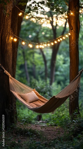 Cozy hammock under string lights in a serene garden at night