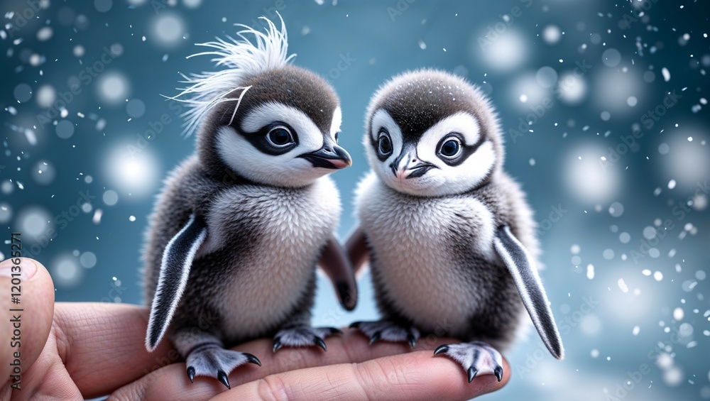 Two cute penguins on a branch in a winter landscape Two cute penguins on a branch in a winter landscape