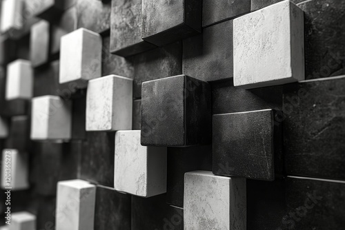 Modern wall art with textured cubes in shades of black and white showcasing c...