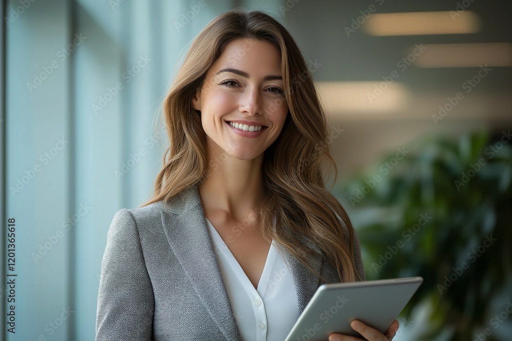 Woman holding a tablet in a well-lit corridor, background, photography Woman holding a tablet in a well-lit corridor, background, photography