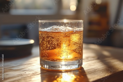 Refreshing cold drink in a glass with bubbles on a wooden table during bright...