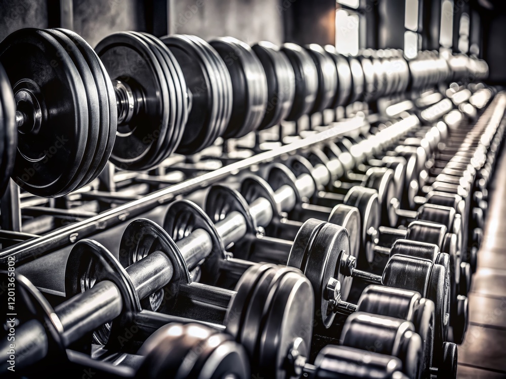 Monochrome Dumbbells: Fitness Lifestyle Gym Weights Row - High Contrast Stock Photo Monochrome Dumbbells: Fitness Lifestyle Gym Weights Row - High Contrast Stock Photo
